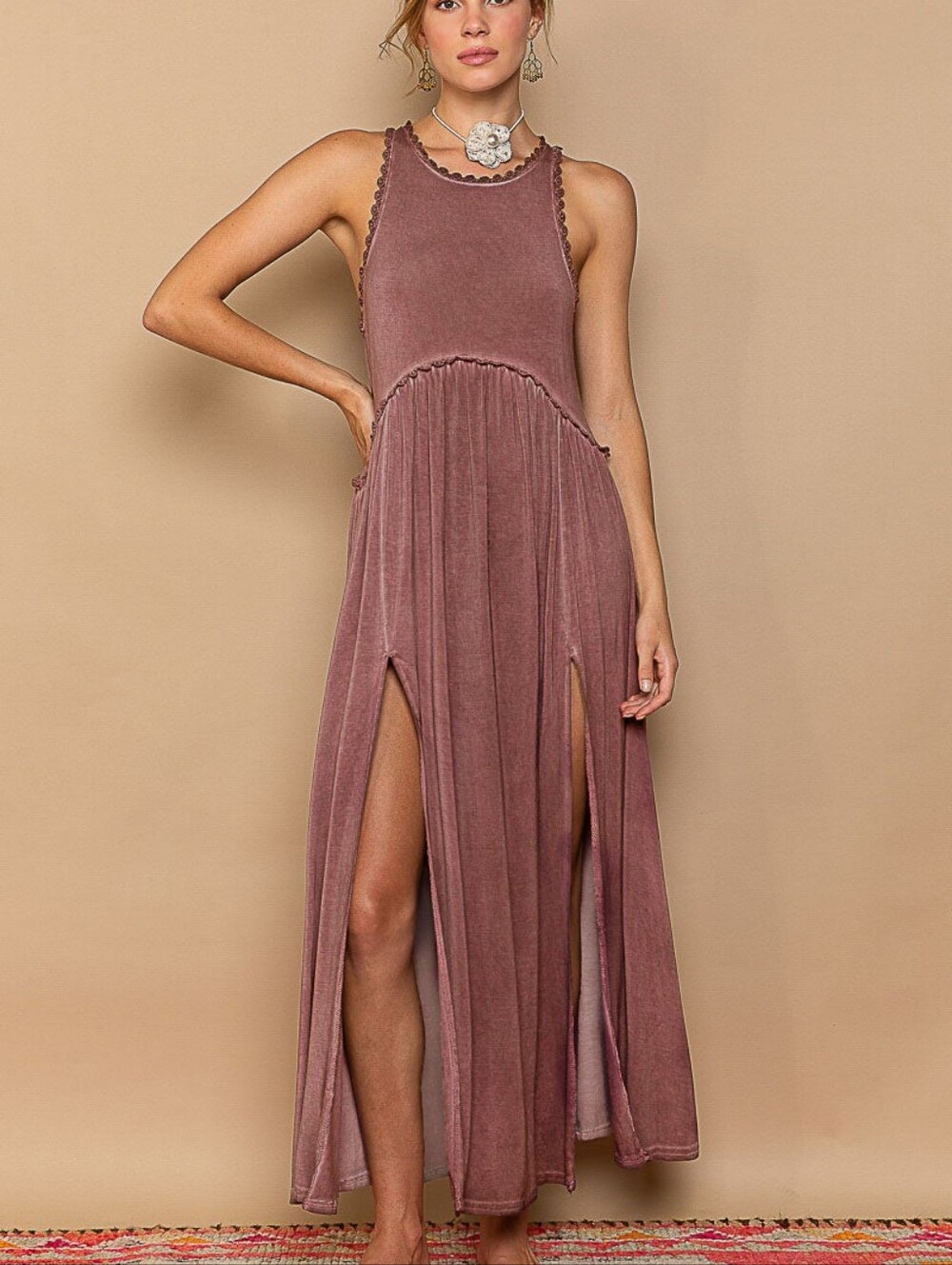 NWOT POL Babydoll Crochet Trim Maxi Dress Women's L Mauve Slits Boho Y2K